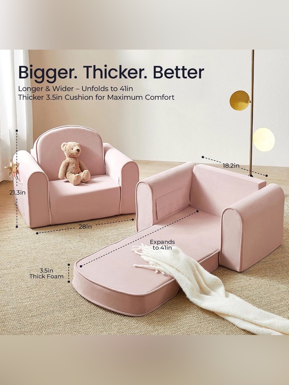 Tiny Land 2-in-1 Foldable Kids Couch with Pocket Soft Thick Toddler Sofa - Pink - Picture 6 of 7